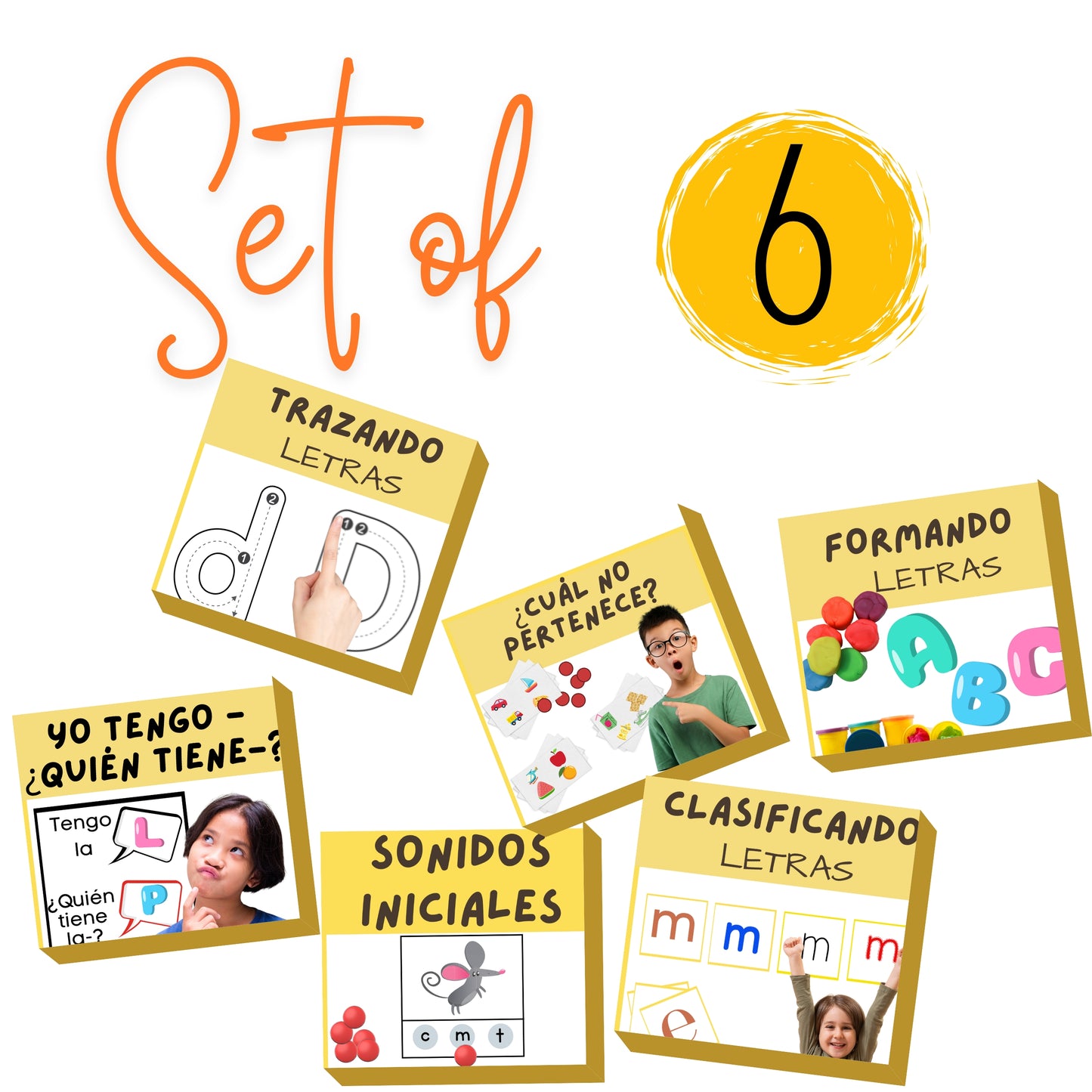 Set of six educational children's books with colorful covers, focusing on alphabet learning activities in Spanish.