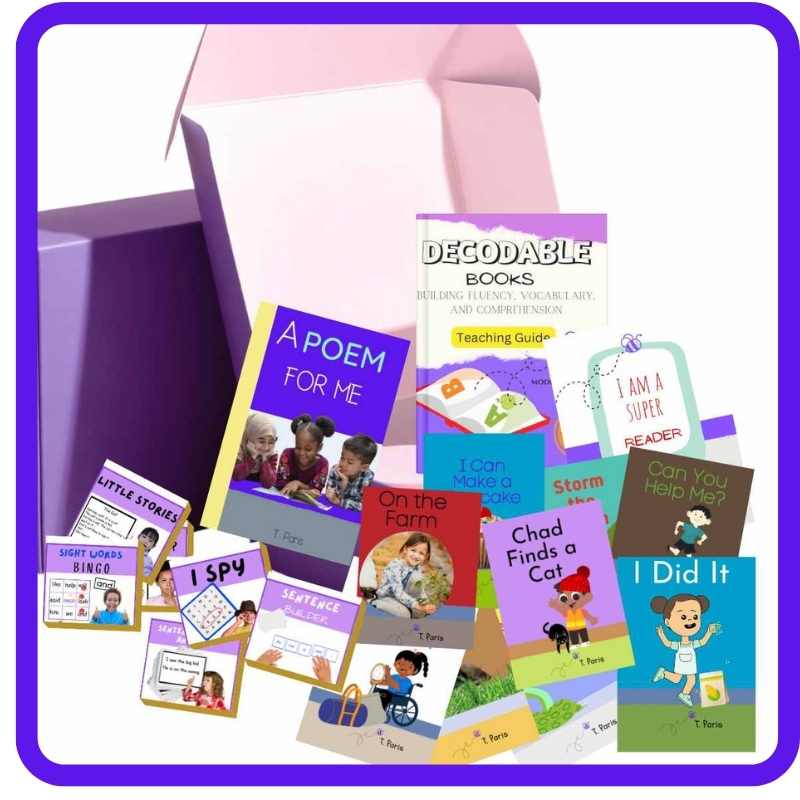 Collection of educational books and materials for children on a white background