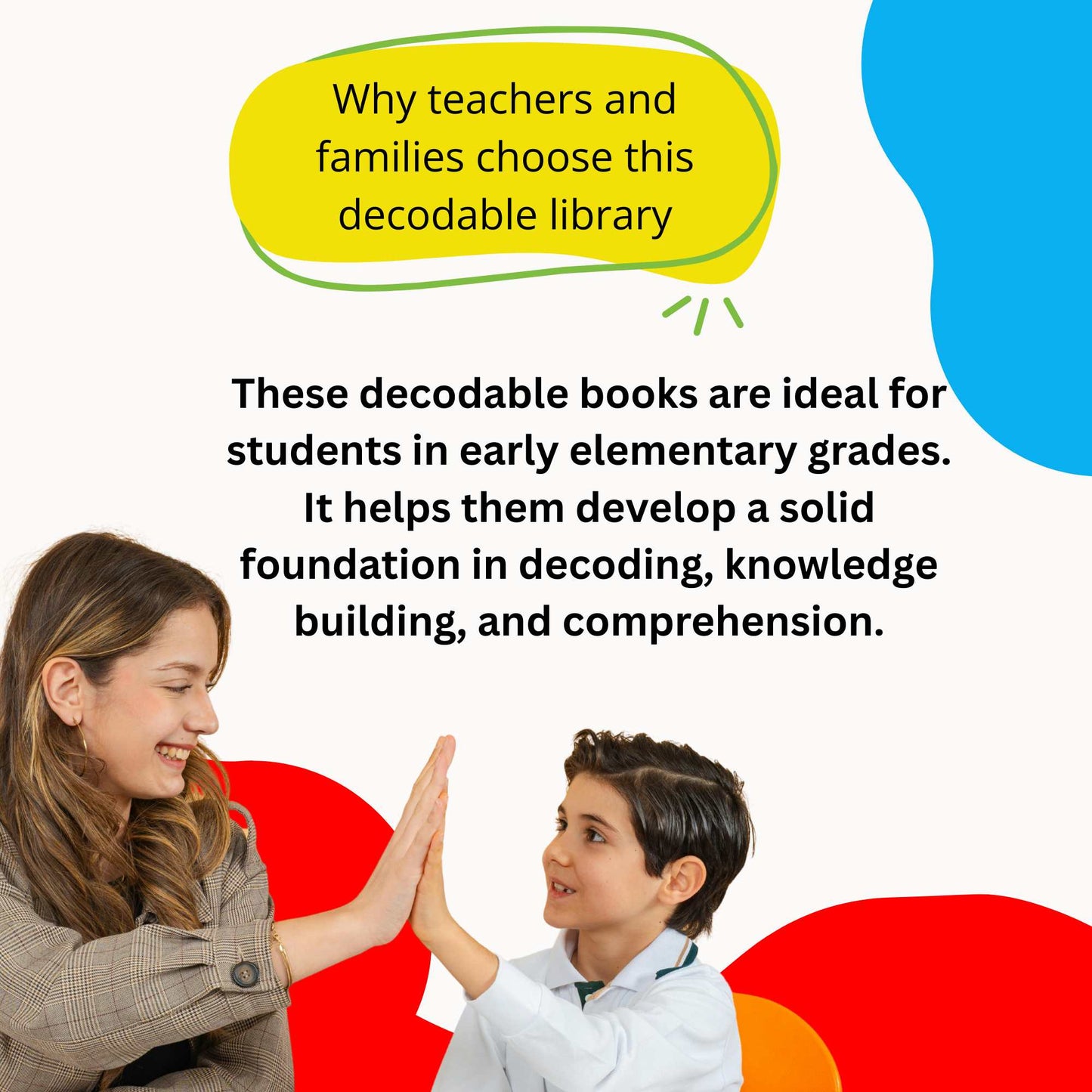 Woman and child giving a high-five with educational text about decodable books.