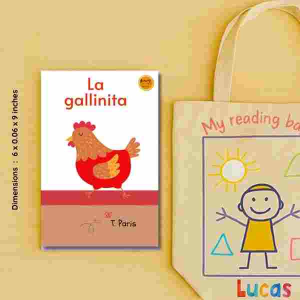 Children's book titled 'La gallinita' with a red chicken illustration, next to a tote bag with a child drawing on a yellow background.