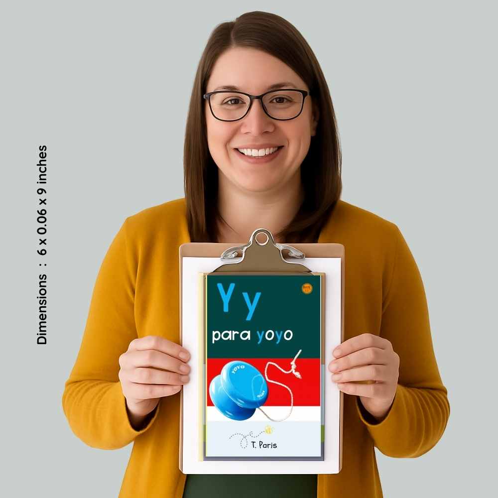 Woman holding a small framed artwork with colorful design and text.
