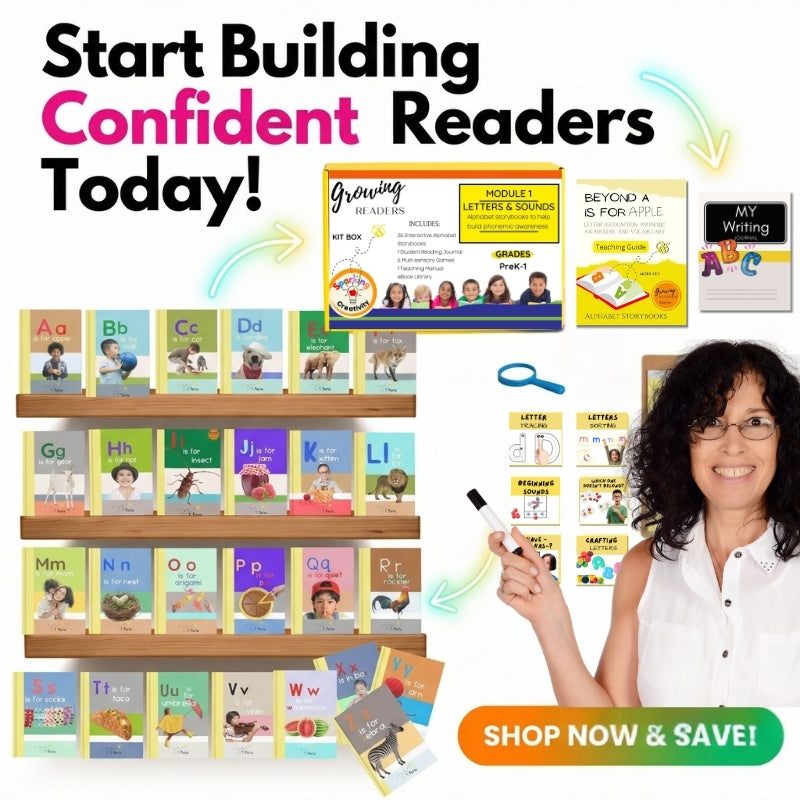 Educational materials and books for children with a teacher pointing to a whiteboard, promoting confidence in readers.