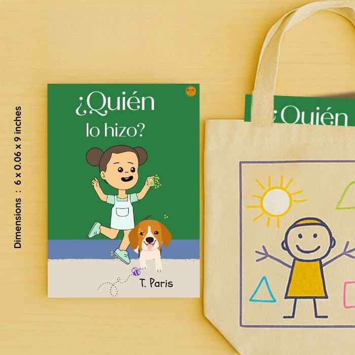 Children's book titled 'Quién lo hizo?' with a matching tote bag on a yellow background