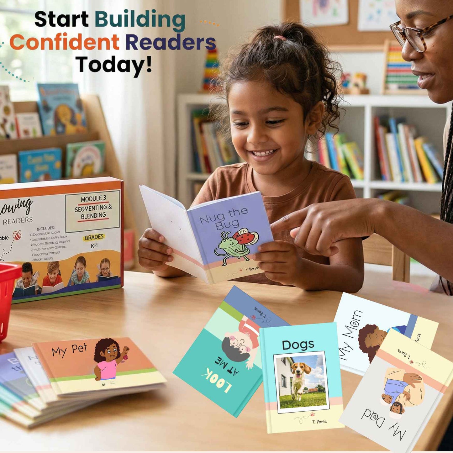 Child reading a book with an adult in a classroom setting, surrounded by educational materials.