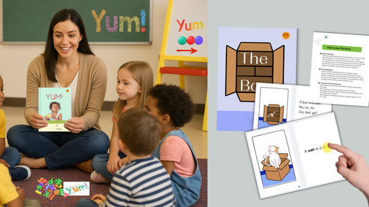 Teacher working with ELL students using decodable books to build phonics and vocabulary skills in kindergarten