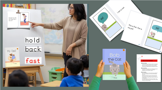 Decodable books for kindergarten students showing phonics-based reading materials