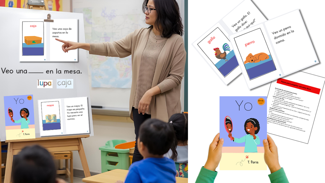 Teacher using Spanish decodable books in a bilingual classroom with young students