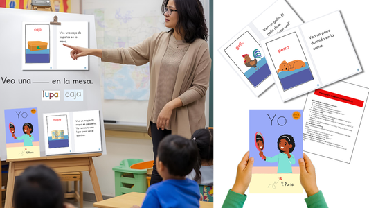 Teacher using Spanish decodable books in a bilingual classroom with young students