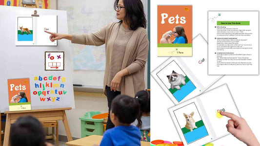 Teacher demonstrating successive blending strategy with letter cards showing how to blend sounds step by step for kindergarten phonics instruction