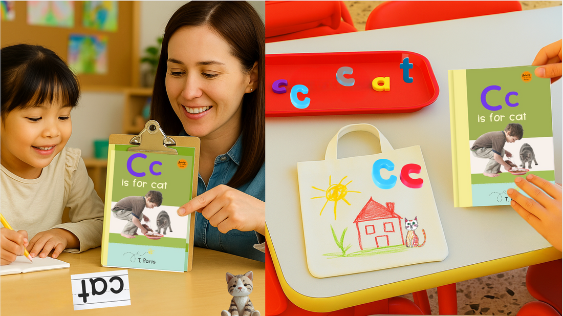 Kindergarten teacher leading small group reading instruction with decodable books for letters and sounds practice