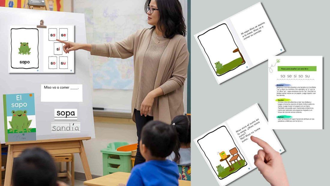 teaching a reading lesson with a Spanish decodable book