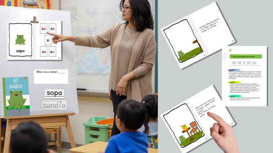 teaching a reading lesson with a Spanish decodable book