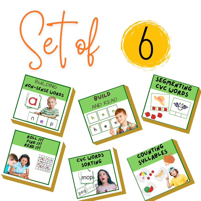 A set of six educational reading games designed for children, with colorful packaging and game-specific illustrations.