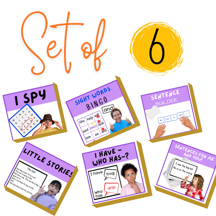 A set of six educational reading games with colorful packaging, labeled with the text 'Set of 6'.