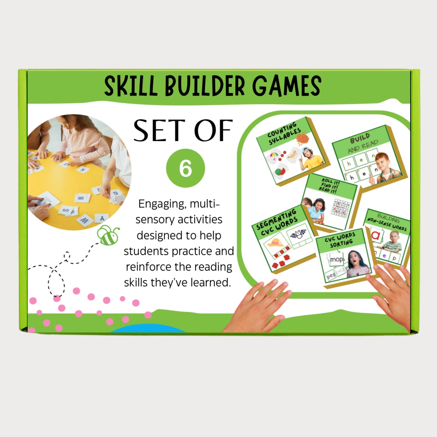 Box of Skill Builder Games with images of children playing and educational cards on a white background