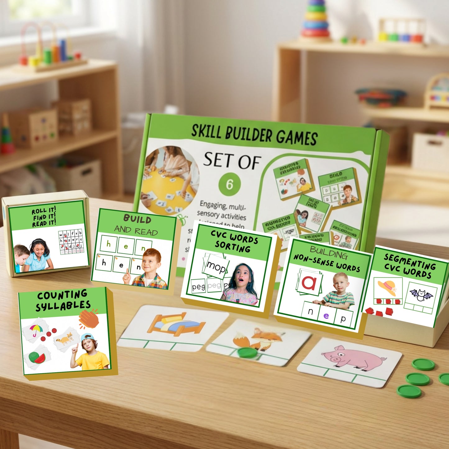 Skill builder games set on a table in a classroom setting