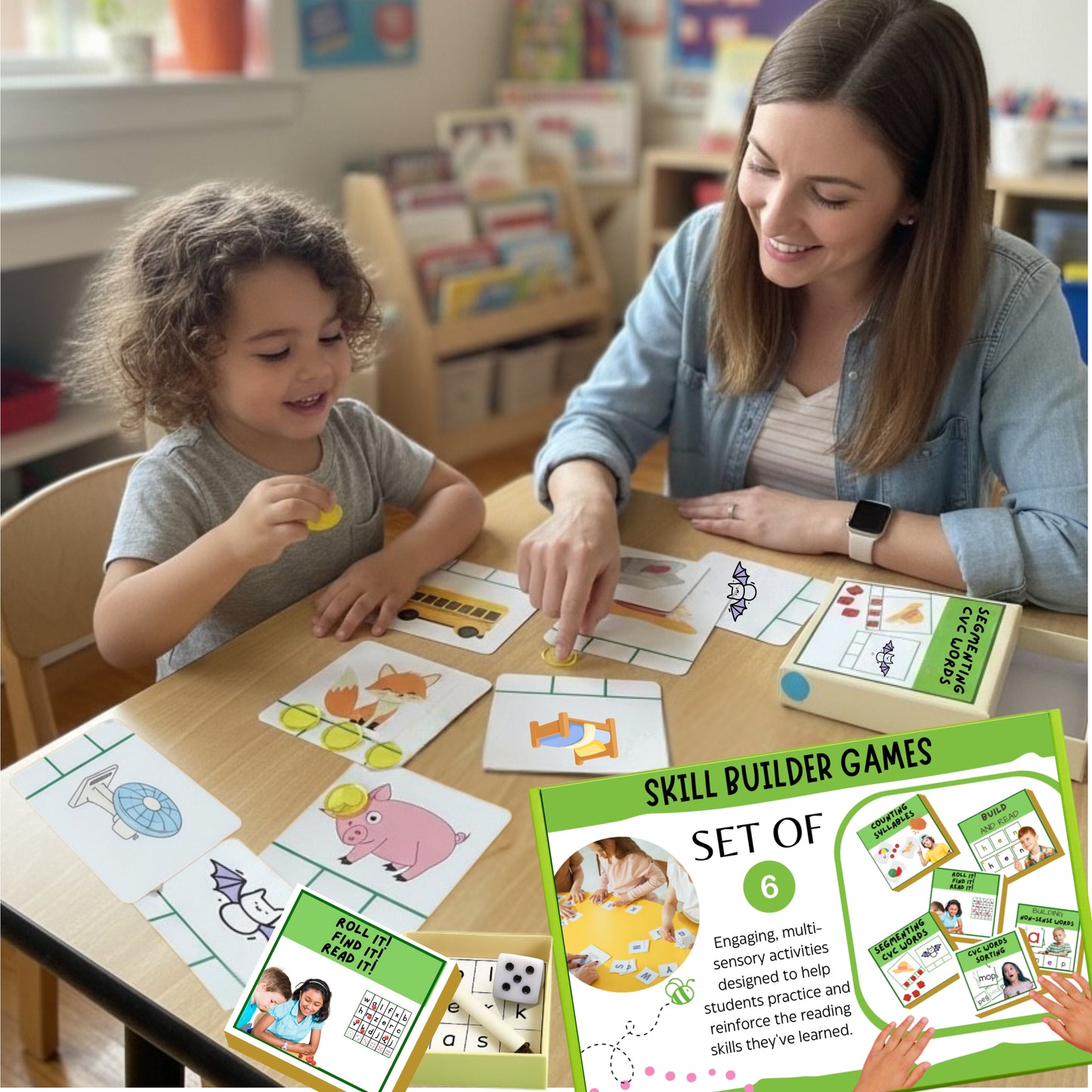 Teacher and student playing educational games at a table with a focus on learning materials.