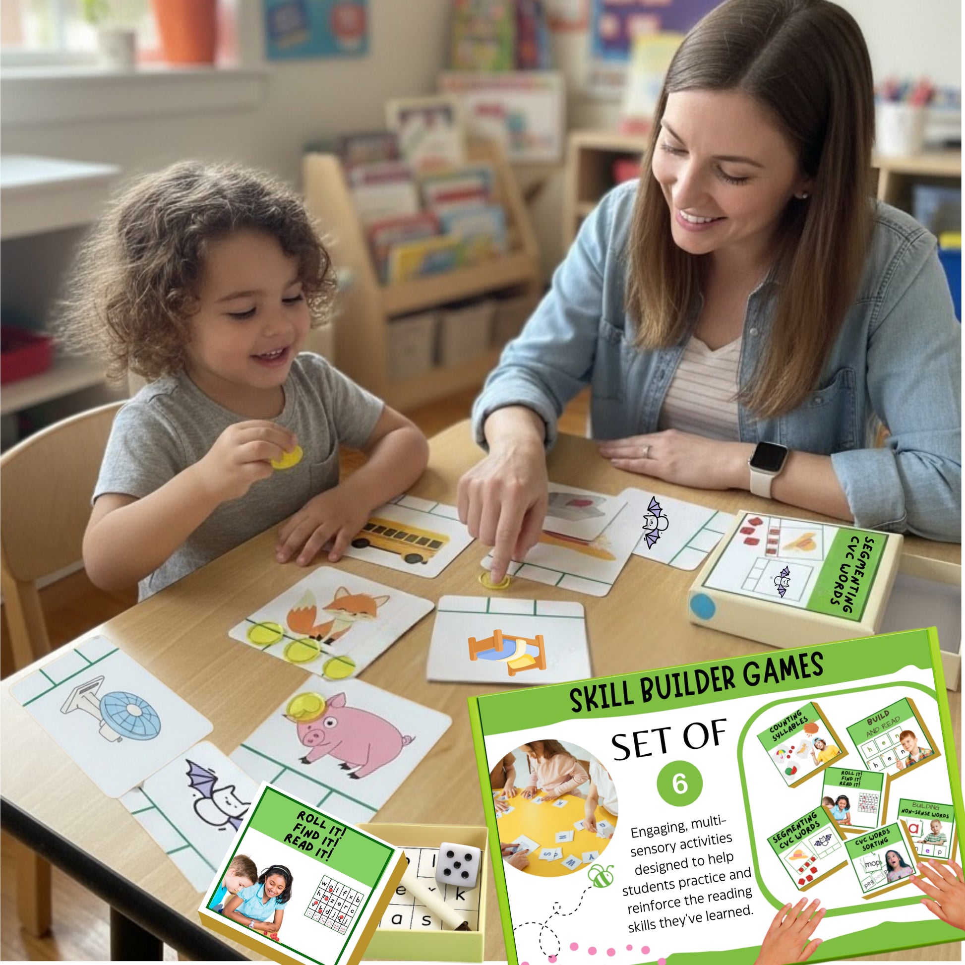 Teacher and student playing educational games at a table with a focus on learning materials.