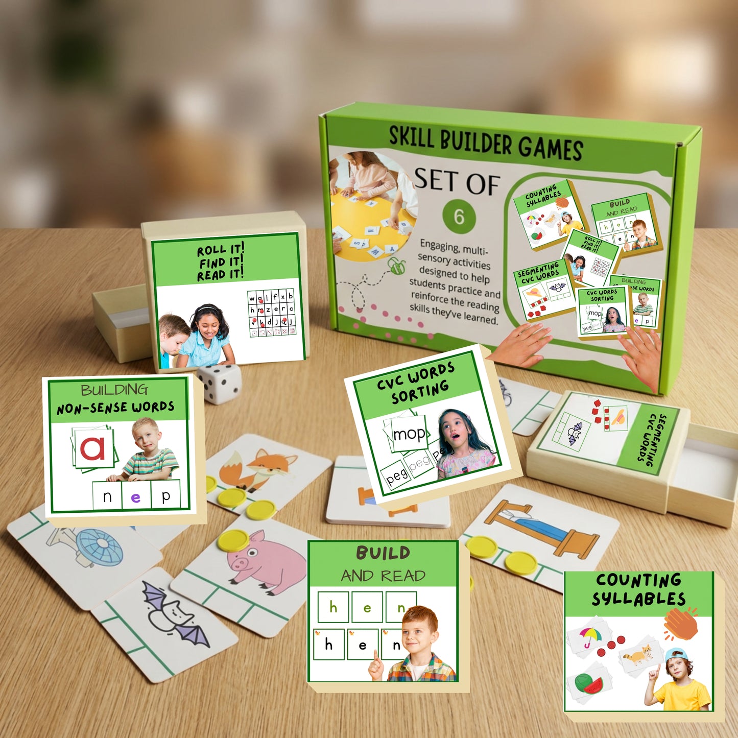 Skill Builder Games set on a wooden surface with educational cards and packaging.