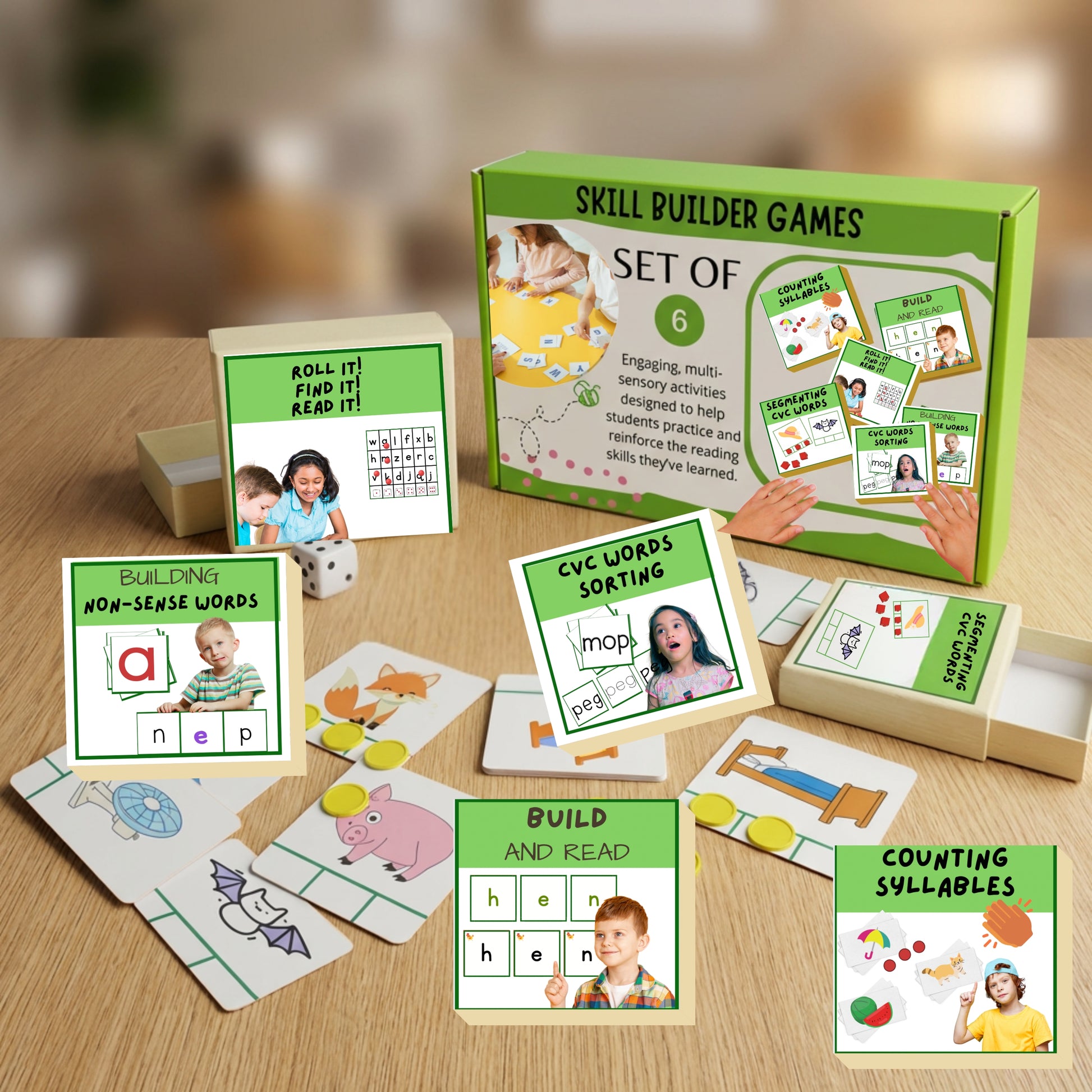Skill Builder Games set on a wooden surface with educational cards and packaging.