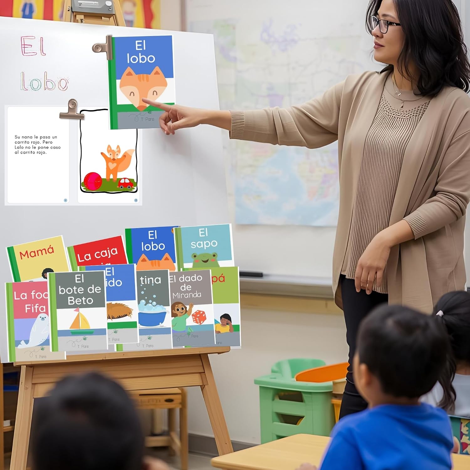 teacher teaching a reading lesson with a decodable book
