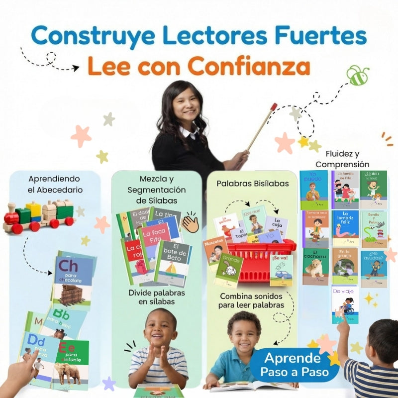 Educational materials for children with text in Spanish, featuring a teacher and students with books and educational tools.