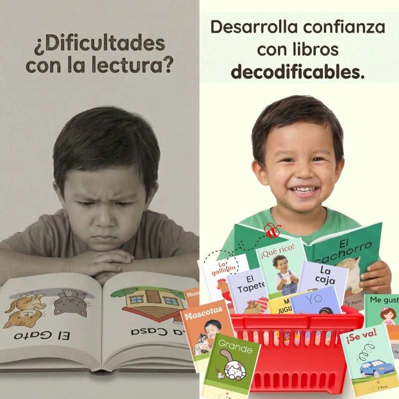 Comparison of a child struggling with reading on the left and a child with decoding books on the right, with text in Spanish.