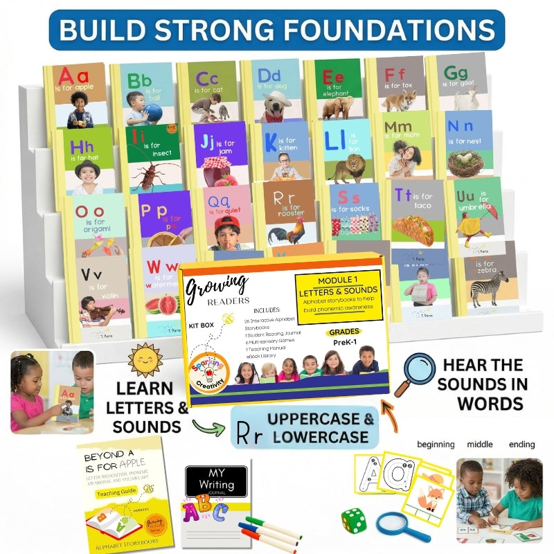 Educational materials for learning letters and sounds with colorful books and posters.