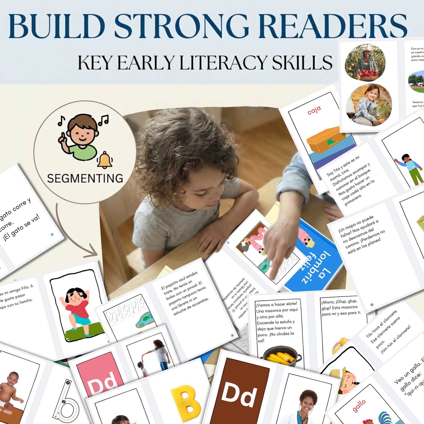 Educational materials for early literacy skills with a child and decodable texts on a table.