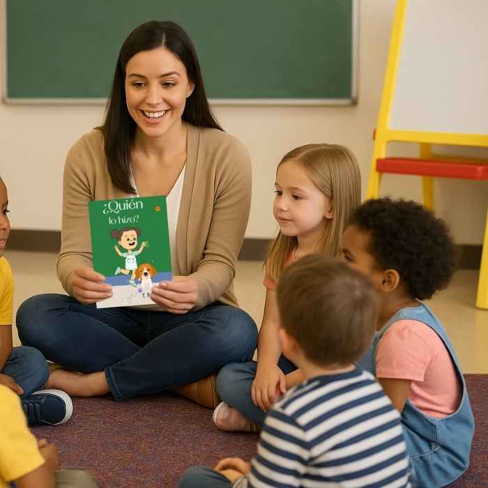 Teacher reading a book to a group of children in a classroom setting.