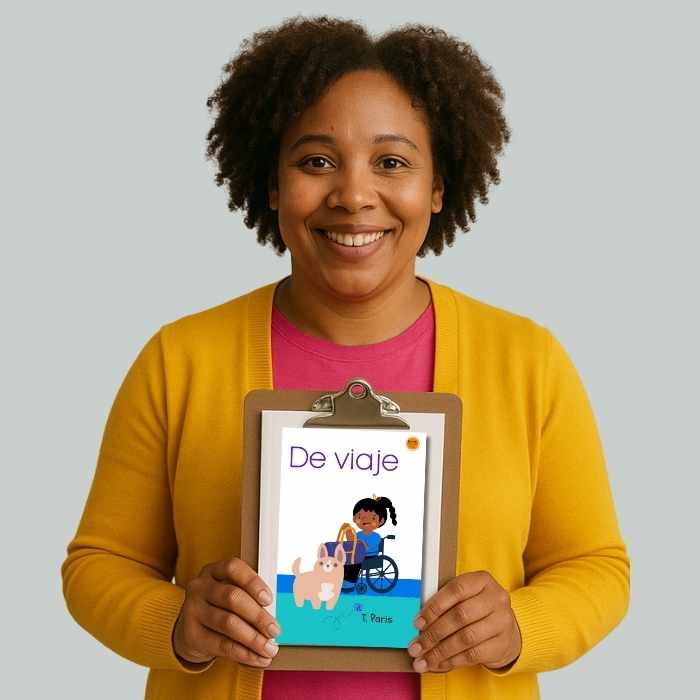 Woman holding a book titled 'De viaje' with a colorful cover featuring a child in a wheelchair.