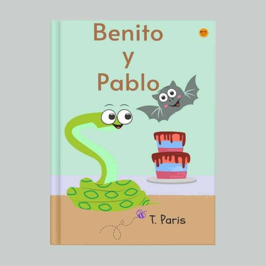 Book cover with a green snake and gray bat looking at a stack of cakes on a light blue background.