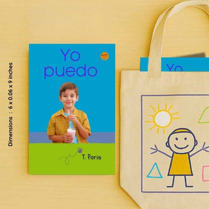 Book titled 'Yo puedo' with a child on the cover, next to a tote bag with a child illustration.