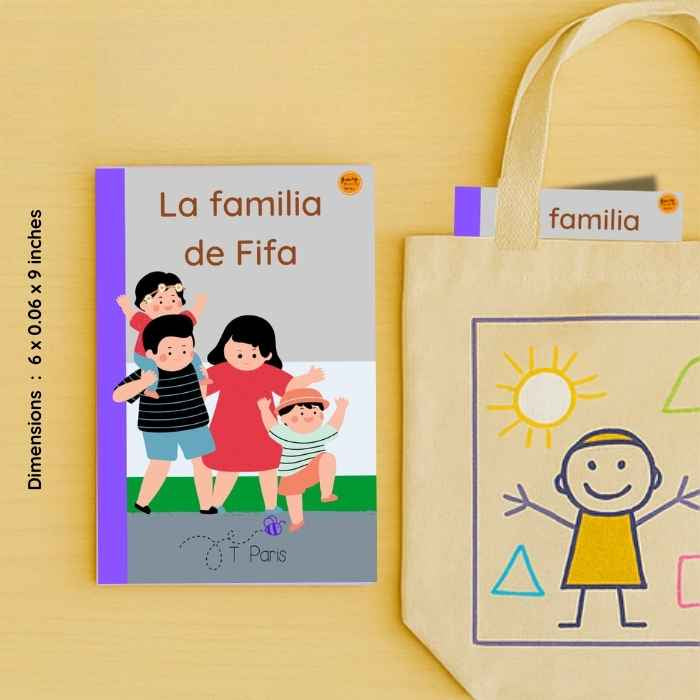 Children's book titled 'La familia de Fifa' with a matching tote bag on a yellow background