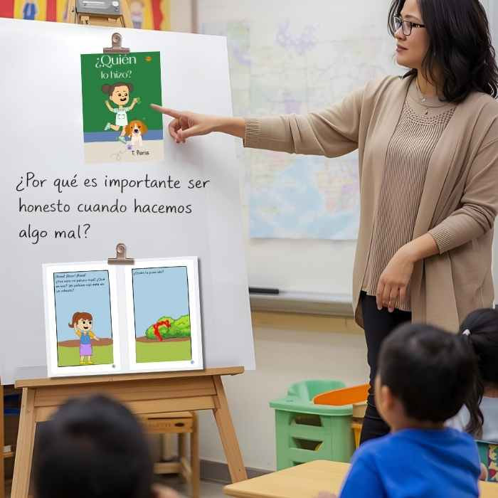 Teacher pointing to a book with children in a classroom setting