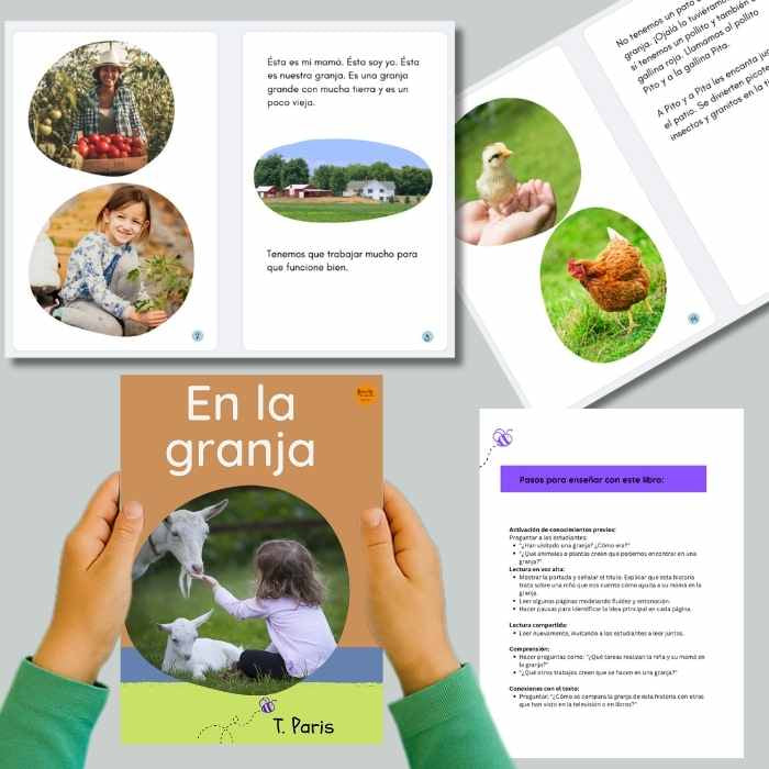 Children's book titled 'En la granja' held by a person, with additional educational materials on a gray background.
