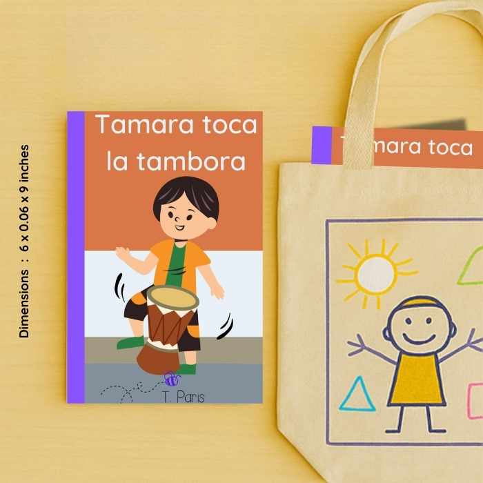 Children's book and tote bag with a child playing a drum on a yellow background