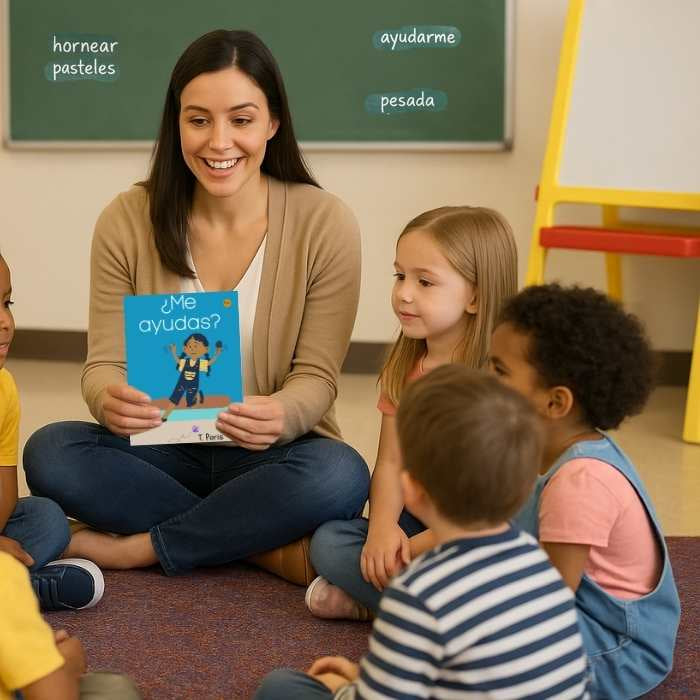 Teacher reading a book to a group of children in a classroom setting.