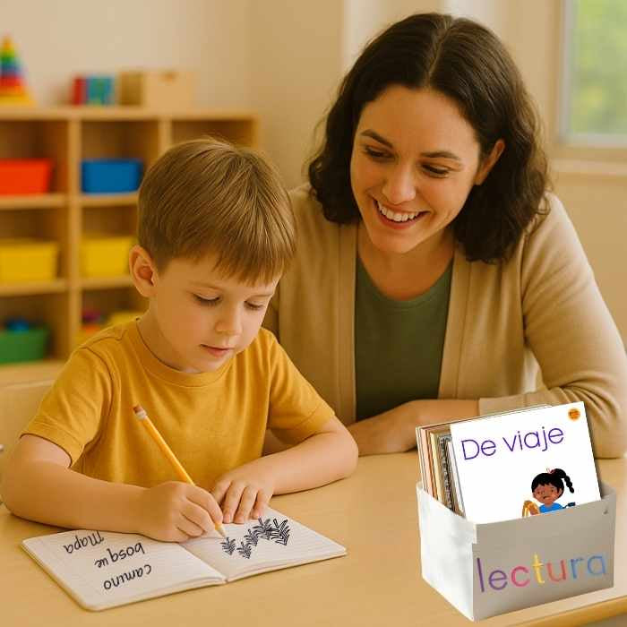 Woman and child sitting at a table with educational materials in a classroom setting