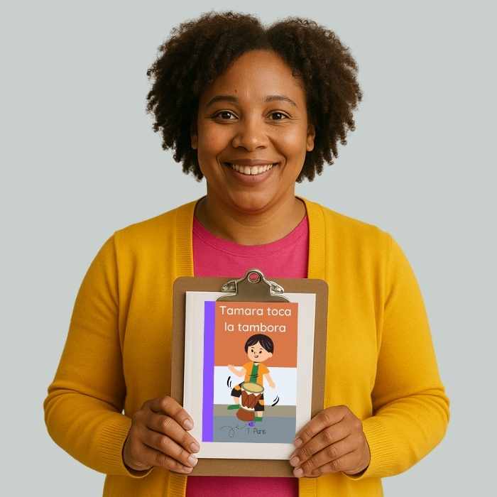Woman holding a clipboard with a children's book titled 'Tamara toca la tambora' against a plain background