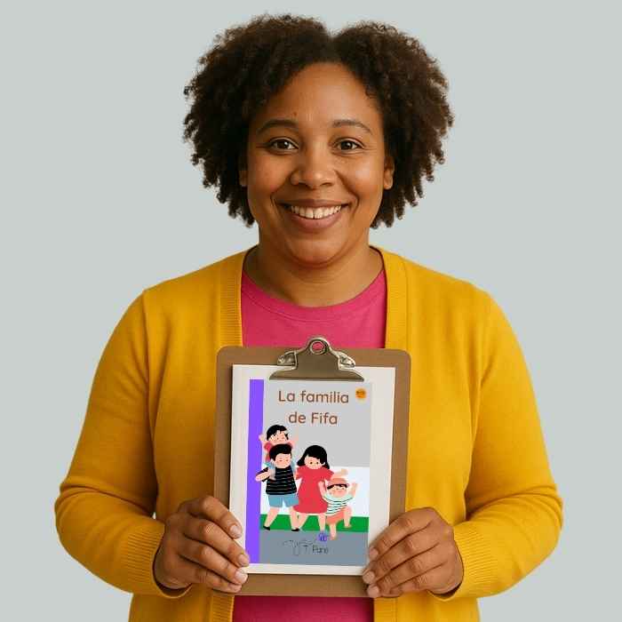 Woman holding a book titled 'La familia de Fifa' against a plain background