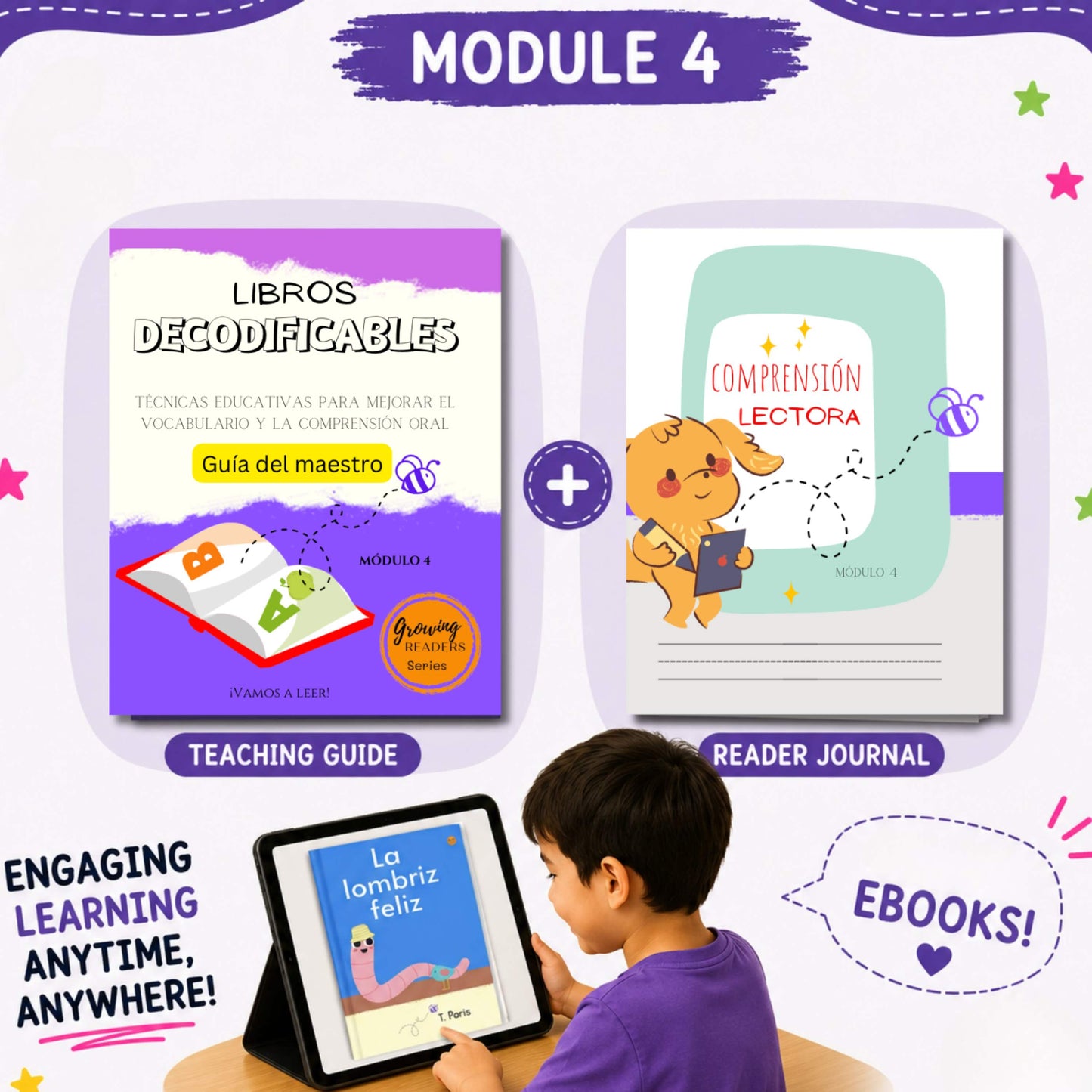 Educational materials for children with a teaching guide and reader journal on a colorful background.