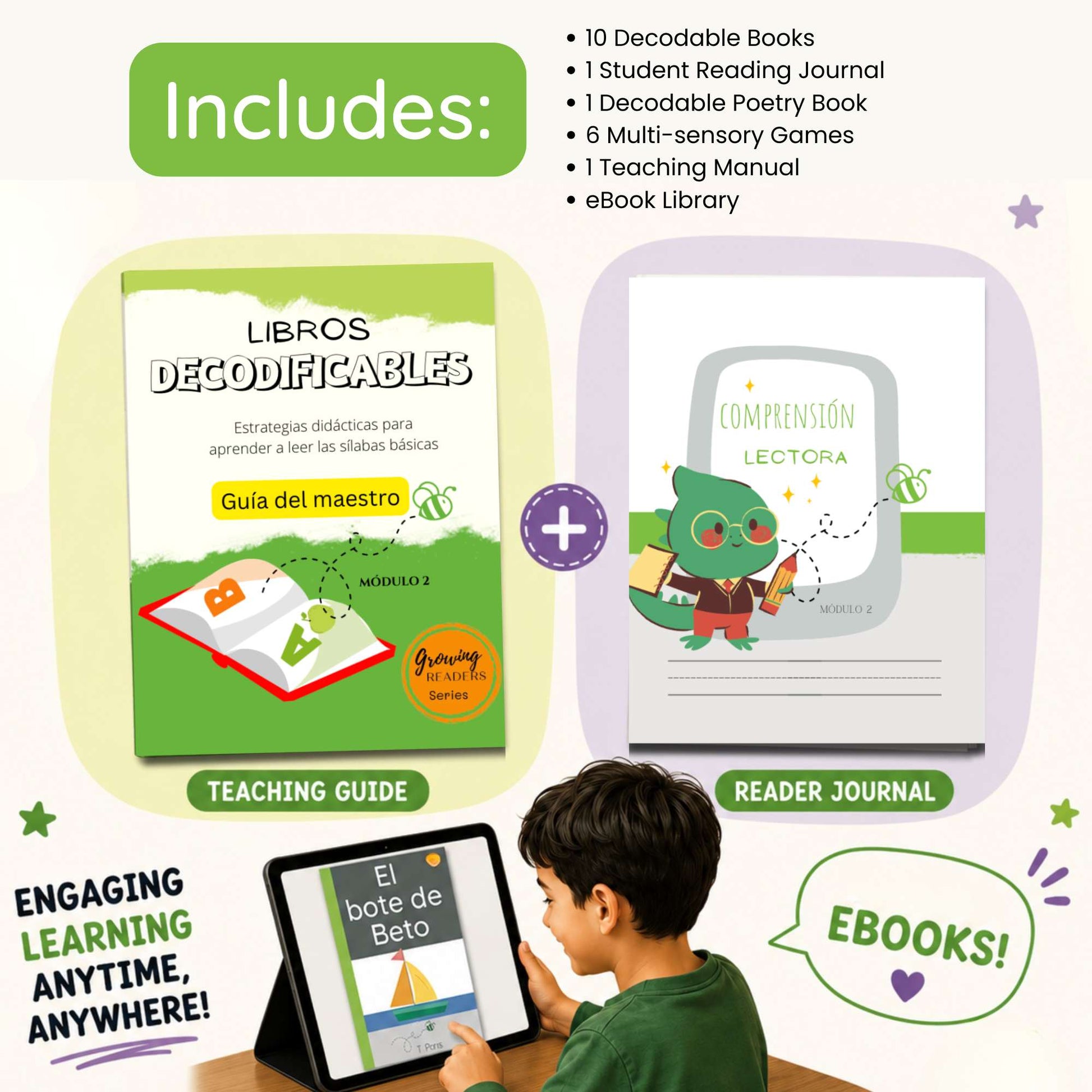 Educational materials including a teaching guide, reader journal, and digital books for learning.