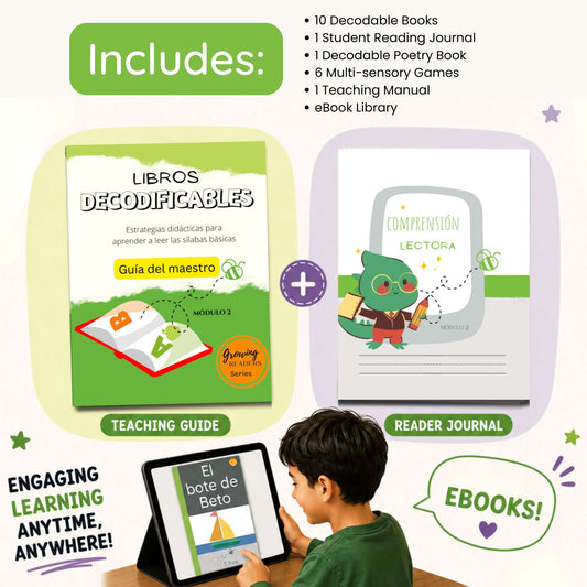 Educational materials including a teaching guide, reader journal, and digital books for learning.
