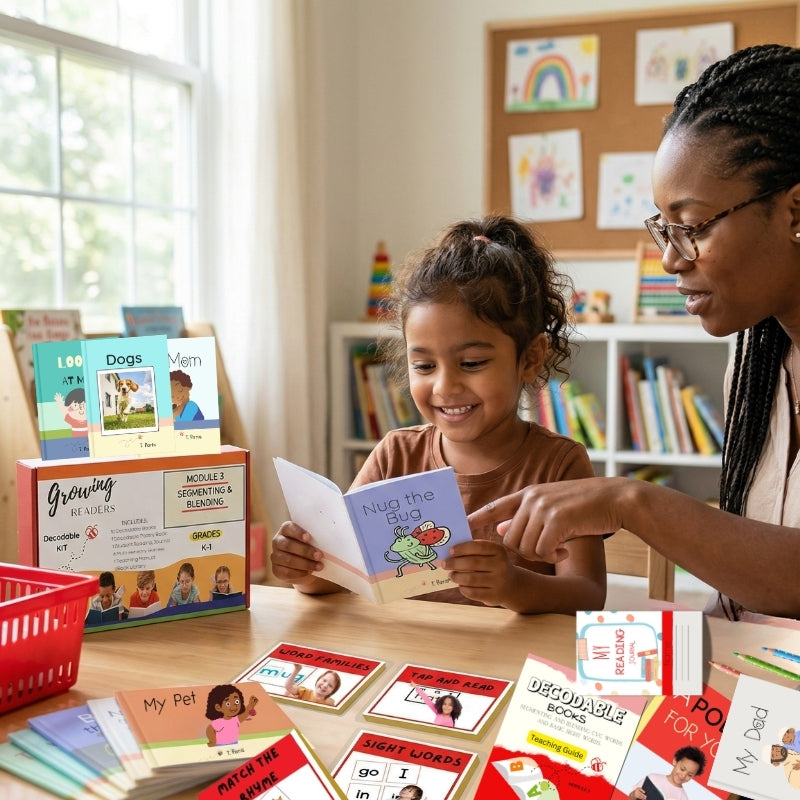Teacher and student reading a book together in a classroom setting with educational materials around.