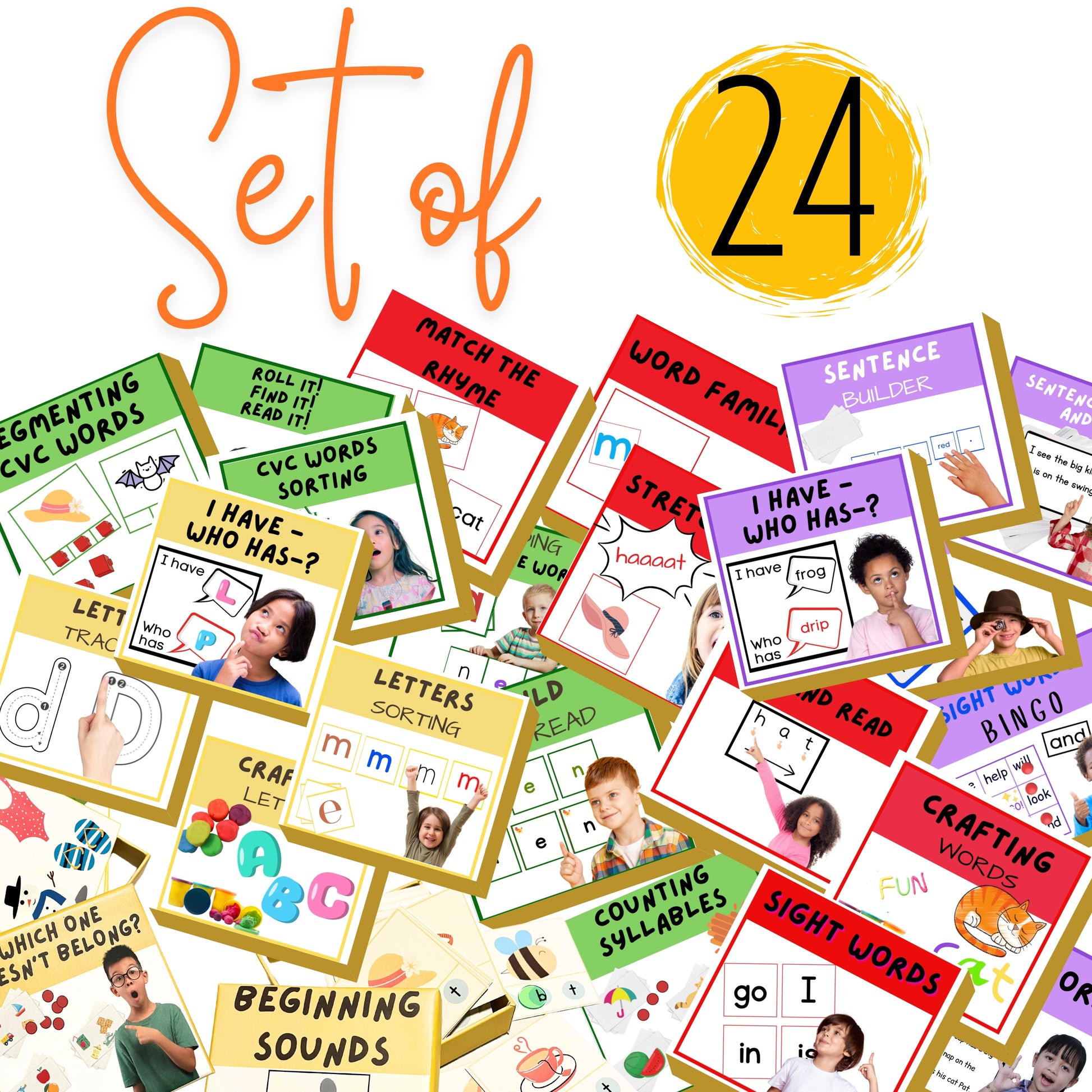 A collection of 24 colorful educational game cards designed for teaching reading skills including phonics, decoding, fluency, and comprehension.