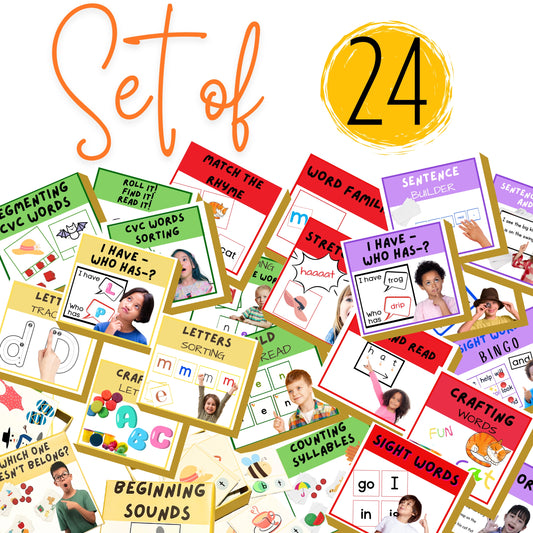 A collection of 24 colorful educational game cards designed for teaching reading skills including phonics, decoding, fluency, and comprehension.