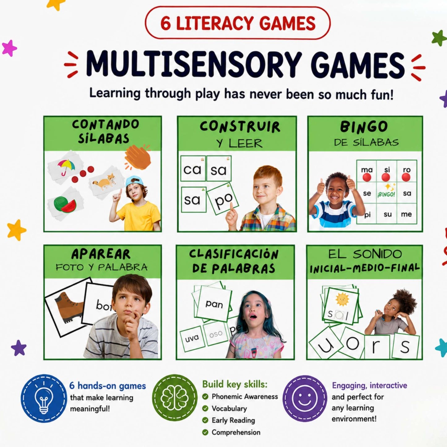 Promotional graphic for literacy games with images of children playing and text about multisensory learning.