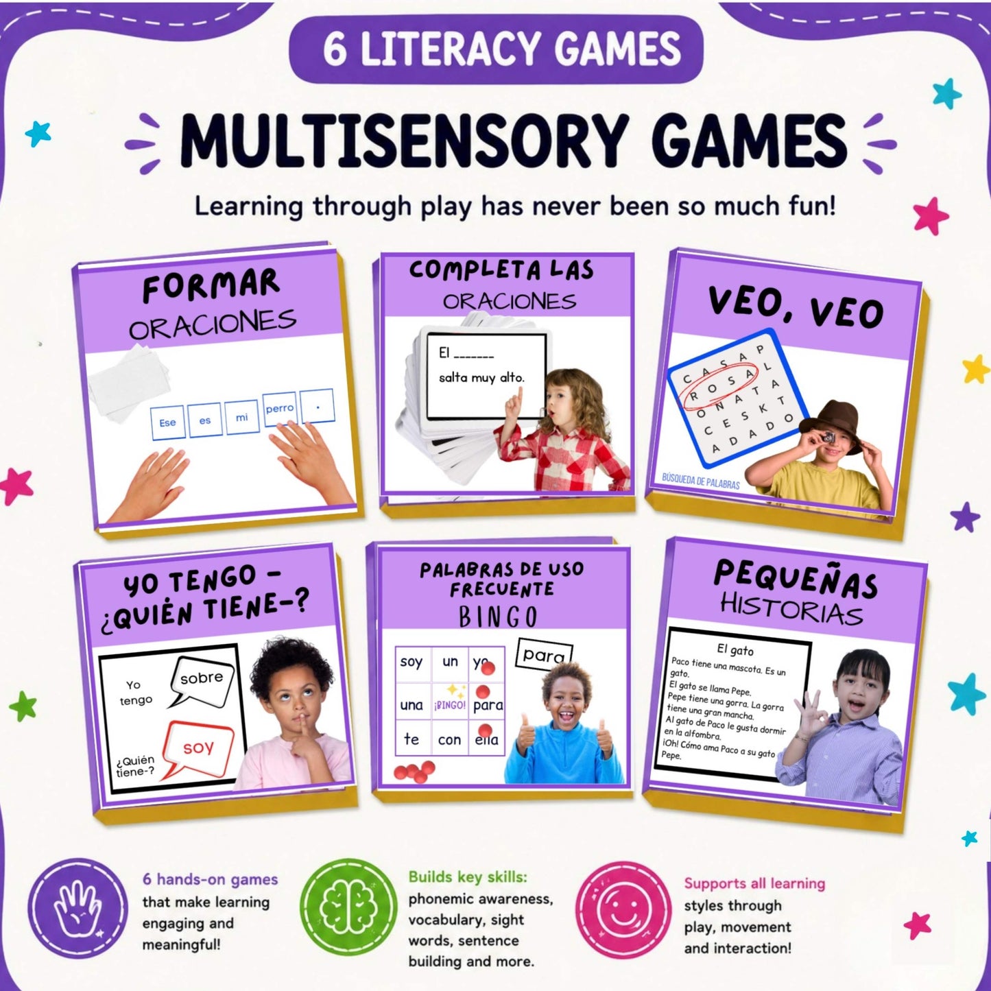 Multisensory literacy games for children with colorful design and text.
