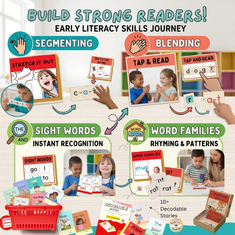 Educational materials for early literacy skills with children and text on a white background